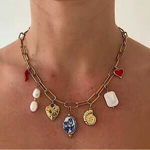 Stainless Steel Vintage Charm Necklace Gold Plated Choker Multi-charm Seashore
